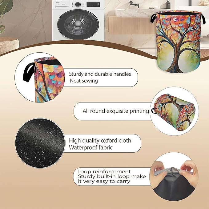Tree of Life Laundry Basket,Colorful Leaves Clothes Hamper,Oxford Cloth Collapsible Nursery Hamper Storage Organization for Bedroom,Bathroom,Office,College Dorms,16x20 Inch