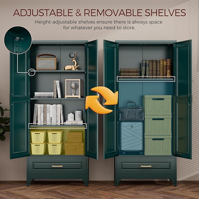 75" Kitchen Pantry Cabinet with Drawer, Metal Storage Cabinets with Doors and Adjustable Shelves, Green Tall Pantry Cabinet for Dinning Living Room, Home