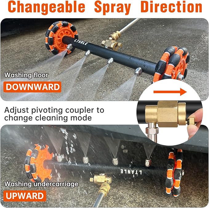 LTANLE 2-in-1 Can Move Horizontally Pressure Washer Undercarriage Cleaner Water Broom, 15" Surface Cleaner Power Washer Attachment with 4 Nozzles 3 Extension Rods andSpare Wheel，4000 PSI (15inch)