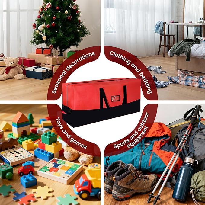 Heavy Duty Christmas Tree Storage Bag for Trees Up to 9ft – Waterproof, 600D Durable Zipper & Handles, Holiday Storage Solution (Black&Red)