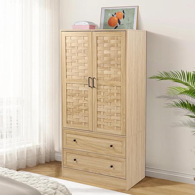LEVNARY Armoire Wardrobe Closet with 2 Woven Doors, Wardrobe Cabinet with 2 Storage Drawers and Hanging Rail, Freestanding Wooden Closet for Bedroom (Natural)