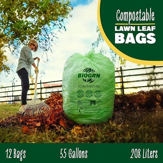 50-55 Gallon Compost Bags, Heavy Duty Compostable Trash Bags, 1.57 Mil Extra Thick Yard Waste Bags, Compostable Lawn Bags, Large Compost Leaf Bags BPI & ASTM D6400 Certified