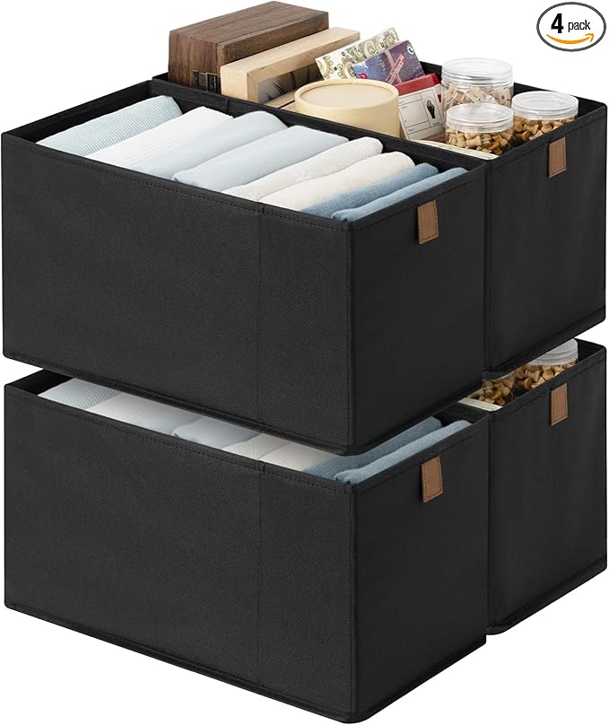 StorageWorks Fabric Storage Bins, Narrow Baskets for Storage, Small Baskets for Organizing with PU Handle, Suitable for Clothes, Books, and Toys, Black, 4-Pack