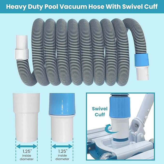 POOLWHALE Professional 1-1/2-Inch x 40-Feet Swimming Pool Vacuum Hoses and Weighted Rotatable Handle Vacuum Head with Wheels, Perfect for Above Ground and Inground Pools