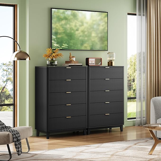 WLIVE Fluted Dresser for Bedroom with 5 Drawers, 46.26" Tall Wooden Dresser with Golden Metal Handles, Mid Century Modern Chest of Drawers for Living Room, Hallway, Closet, Solid Black