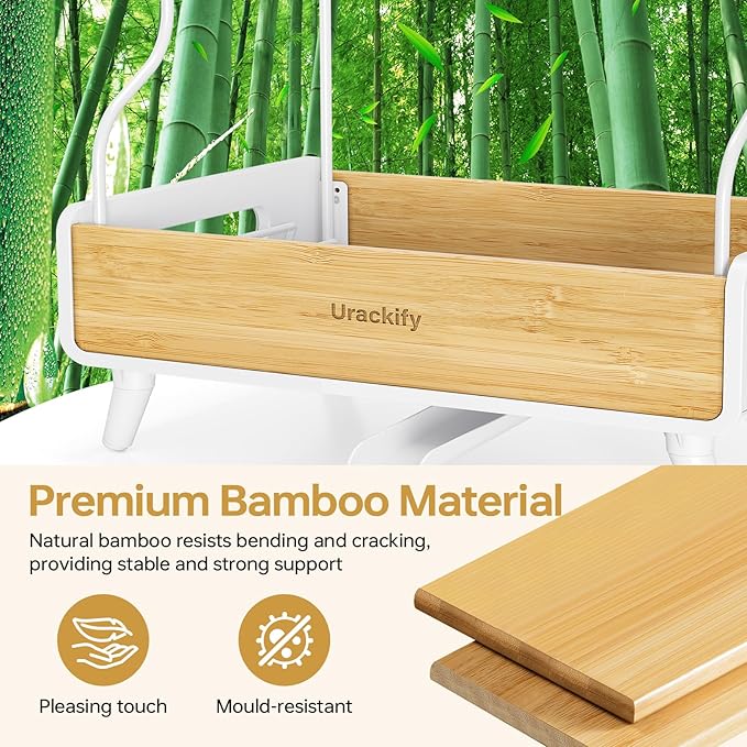 Urackify 2-Tier Dish Drying Rack – Large Capacity Dish Rack with Stainless Steel and Bamboo, Dish Drainers for Kitchen Counter, Drying Rack Kitchen with Utensil Holder and Drainboard, White