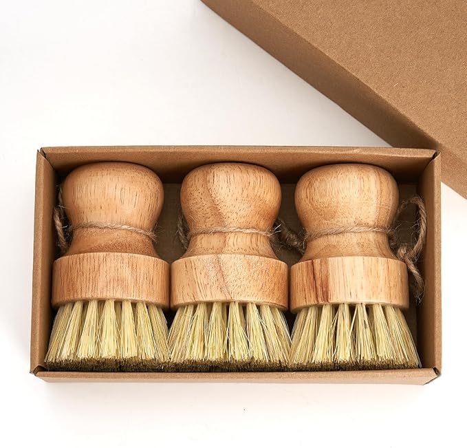 Diahom Bamboo Dish Brush Scrubber 3 Pack for Cleaning Pot Pans Hanging Rope Kitchen Dishwashing