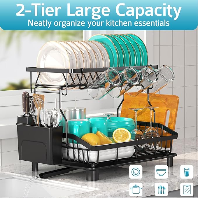 Ricobes Dish Drying Rack - 2 Tier Large Capacity Dish Rack- Dish Racks for Kitchen Counter with Drainboard, Rustproof Dish Drainer with Removable Utensil Holder,Cutting Board Holder,Cup Holder, Black