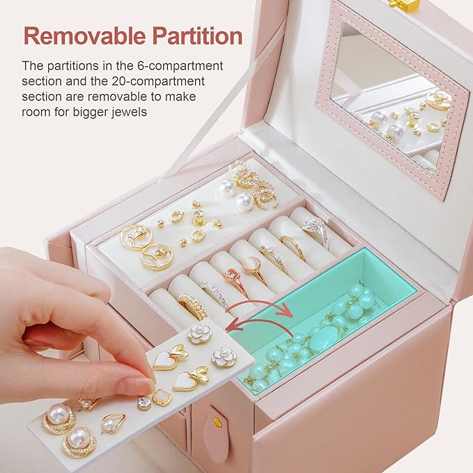 CASEGRACE Jewelry Box Organizer for Women Girls, Three Layer Jewelry Storage Box with Mirror PU Leather Jewelry Display Case for for Bracelets, Earrings, Rings, Necklaces,Pink