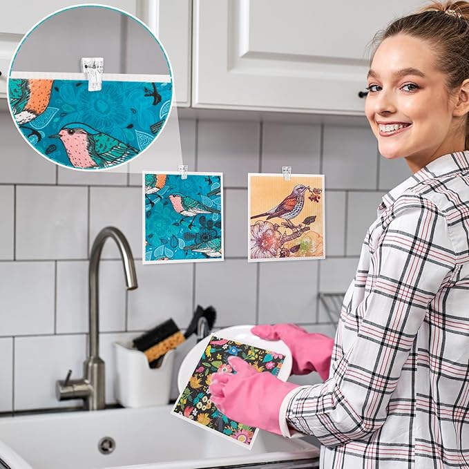 6 Pack Swedish Dishcloths for Kitchen, Swedish Rags Absorbent Retro Bird Dish Cloths Dish Towels with Adhesive Clips, Reusable Paper Towels No Odor for Cleaning Kitchen Valentines Gifts for Women