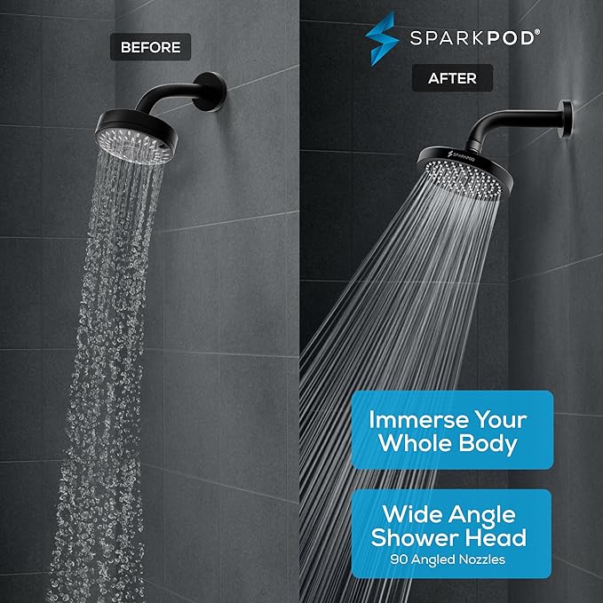 SparkPod Shower Head - High Pressure Rain - Premium Quality Luxury Design - 1-Min Install - Easy Clean Adjustable Replacement for Your Bathroom Shower Heads (Midnight Black Matte, 6 Inch Round)