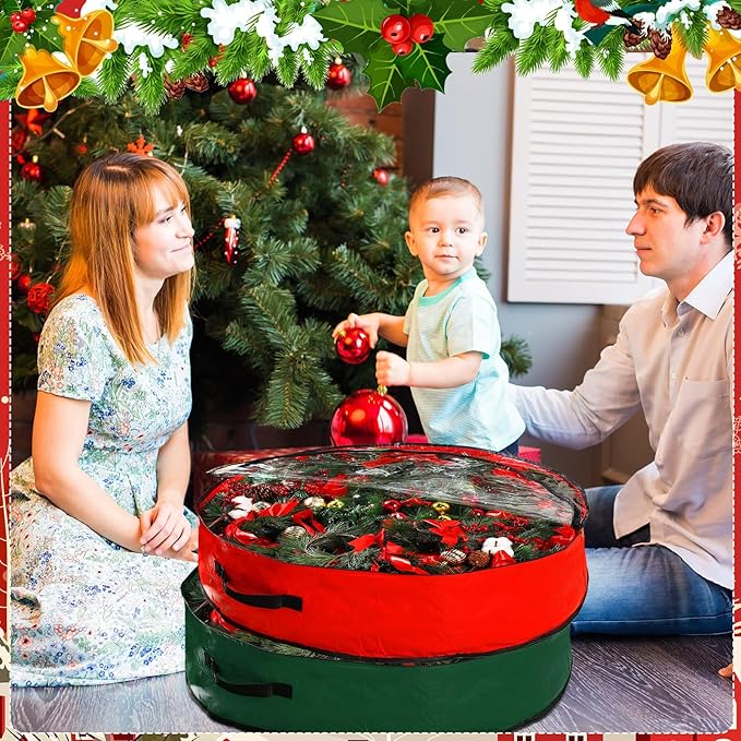 Aliceset 4 Pack Wreath Storage Containers, Christmas Ornament Garland Wreath Storage Bags with Handle Dual Zipper Large Decorative Storages Box for Winter Wreaths(30 x 30 x 7.8 Inch,Red, Green)