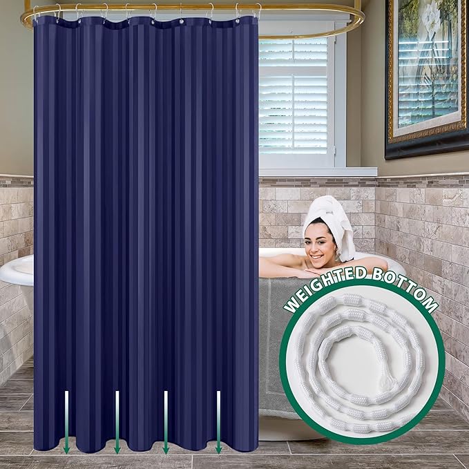 Biscaynebay Fabric Shower Curtain or Liner 72" by 72", Navy Water Repellent Damask Stripes Bathroom Curtains Machine Washable