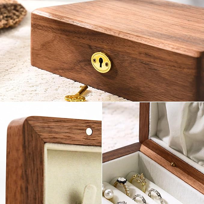 Wooden Jewelry Box for Women, Lockable Medium Size Natural Solid Walnut Wood Vintage Trinket Organizer with Large Storage, Ring Compartments, Built in Necklace Hooks, ek09-m-walnut
