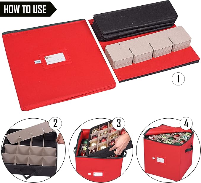 Primode Christmas Ornament Storage Box, 4 Individual Trays Xmas Storage Container, Fits 64 Ornaments Decoration Balls, Constructed of Durable Polyester Material (Red)