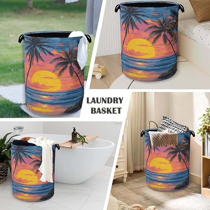 Tropical Palm Tree Laundry Basket,Sunset Beach Oxford Cloth Laundry Hamper with Handle Foldable Portable Clothes Storage Basket for Bathroom Bedroom Dorm Room 16" x 20.8"