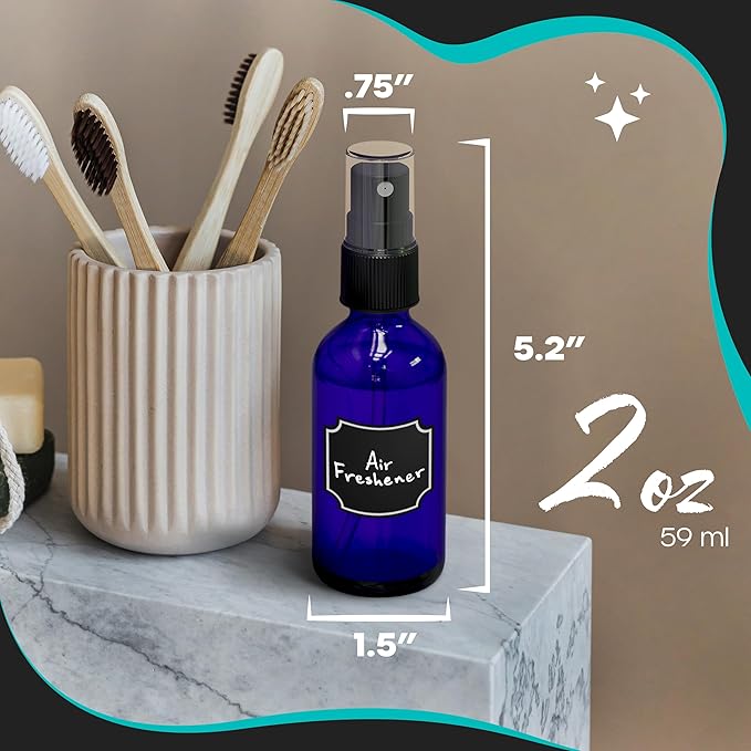 Nevlers 2 Oz Glass Spray Bottles Mist Sprayer 24 Pack | Cobalt Blue Glass Bottle Sprayer Set w/Shrink Wrap, Funnel, Brush, Marker, & Labels | Small Spray Bottles For Use as Hair Mister Spray Bottle