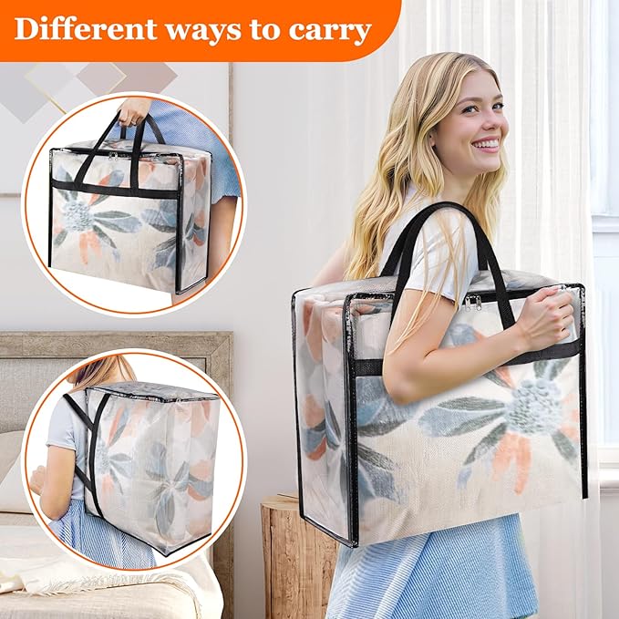 8 Pack Clear Storage Bags for Comforter, Clothes & Bedding, Plastic Blanket Storage with Zipper and Handle, Moving Bags, Closet Organizer and Under-Bed Storage (60L)