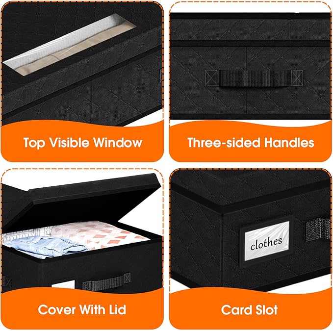 StoreHappily Under Bed Storage Containers with Lids - 3 Pack, Foldable and Stackable Clothes Storage Bags with Clear Window, 3-Sided Handles and Label Slot for Clothing, Blankets, Pillows (Black)