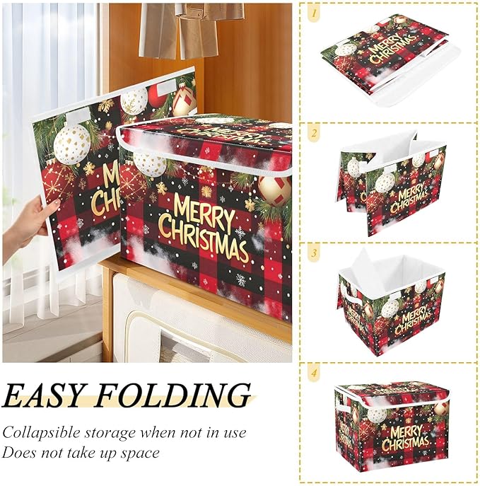 Bolaz Storage Bins with Lids and Handles,Christmas Red Plaid Storage Box Storage Basket with Cover Collapsible Organizer Containers for Home Closet, Shelves