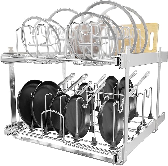 STORKING 2-Tier Kitchen Pull out Cabinet Organizer for Pots, Pans, and Lid Cookware, Adjustable Heavy Duty Wire Pan and Pot Rack, Full-Extension Rail 21" W *22" D