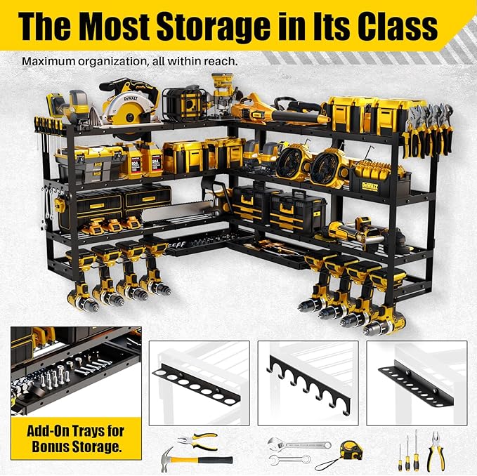STURDIFLOW XLarge 64''W Power Tool Organizer Wall Mount | Modular&Corner-Fit 820lbs Garage Storage Rack with 8 Cordless Drill Holder | 4-Tier Heavy Duty Utility Shelf for Battery Workshop Organization