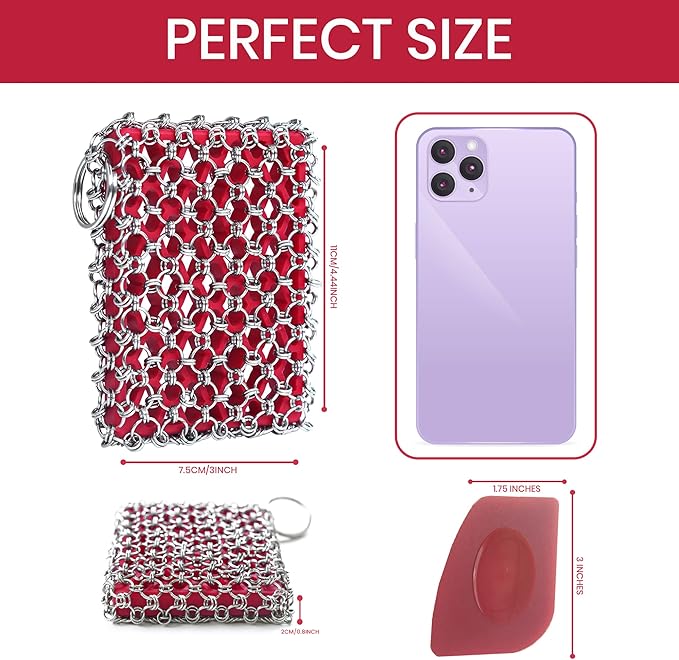 Cast Iron Scrubber Kit + Pan Scraper - 316 Cast Iron Chainmail Scrubber - Skillet Cleaner Scrubber - Cast Pan Scrubber Cleaner - Chainmail Chain Scrubber - Silicone Sponge - Dishwaher Safe