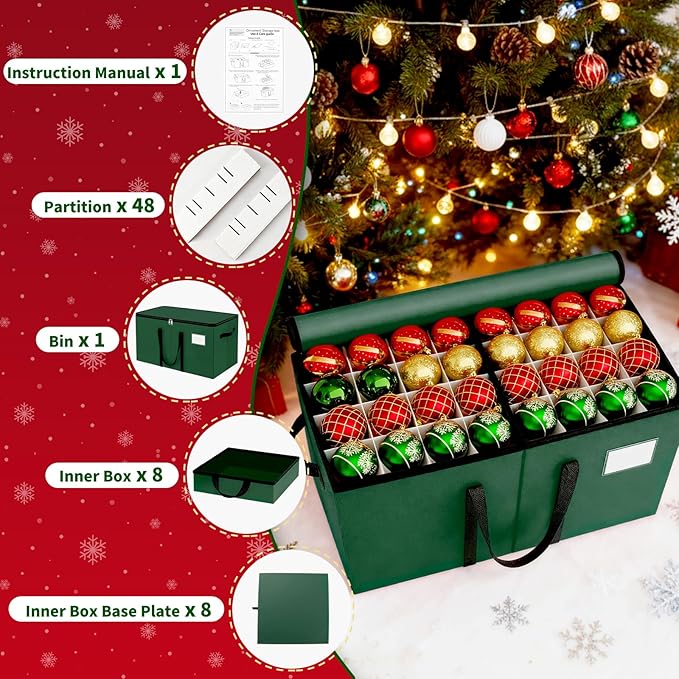 Christmas Ornament Storage Box - Large & Sturdy Christmas Storage Container with Adjustable Dividers, 8 Individual Trays and Handles, Holds up to 128 Holiday Decorations (Green)
