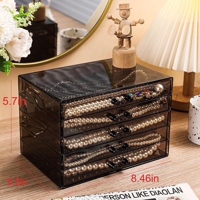 Necklace Organizer Box with 5 Trays, Dustproof Storage Holder Display Case, Tray Drawer for Pendant Chains, Suitable for Women and Girls (Black)