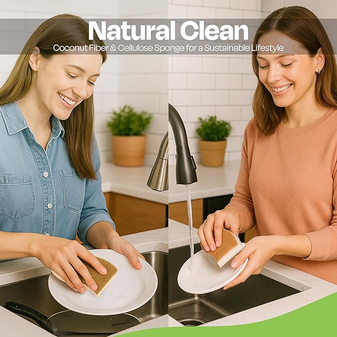 Super Eco Natural Kitchen Sponges Pack of 12 - Biodegradable Compostable Cellulose & Coconut Scrubber Sponge with Non-Scratch - Long Lasting, Eco Friendly Sponges for Dishes, Heavy Duty Dish Scrubber