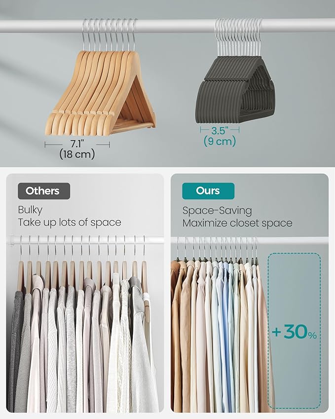 SONGMICS Velvet Hangers 50 Pack, Non-Slip Clothes Hangers, 17 x 8.3 Inches, Coat Hangers with Wide Shoulder Notches, Pants Bar, 360° Swivel Hook, Space-Saving, for Closet, Gray UCRF039G02