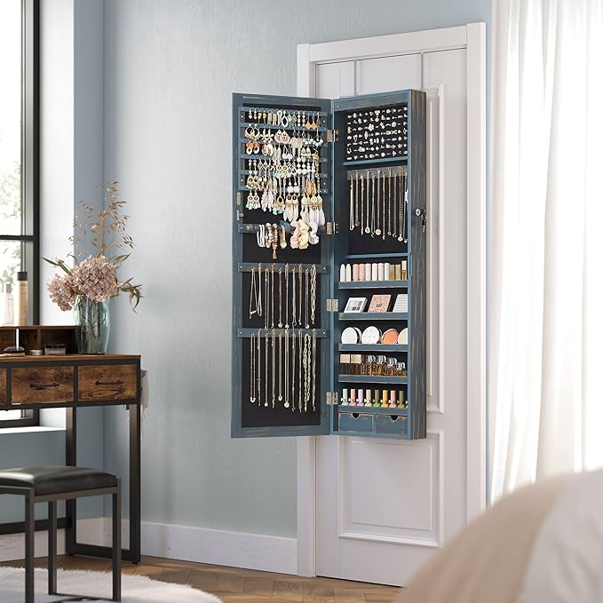 SONGMICS 6 LEDs Mirror Jewelry Cabinet, 47.2-Inch Tall Lockable Wall or Door Mounted Jewelry Armoire Organizer with Mirror, 2 Drawers, 3.9 x 14.6 x 47.2 Inches, Rustic Blue UJJC93IN