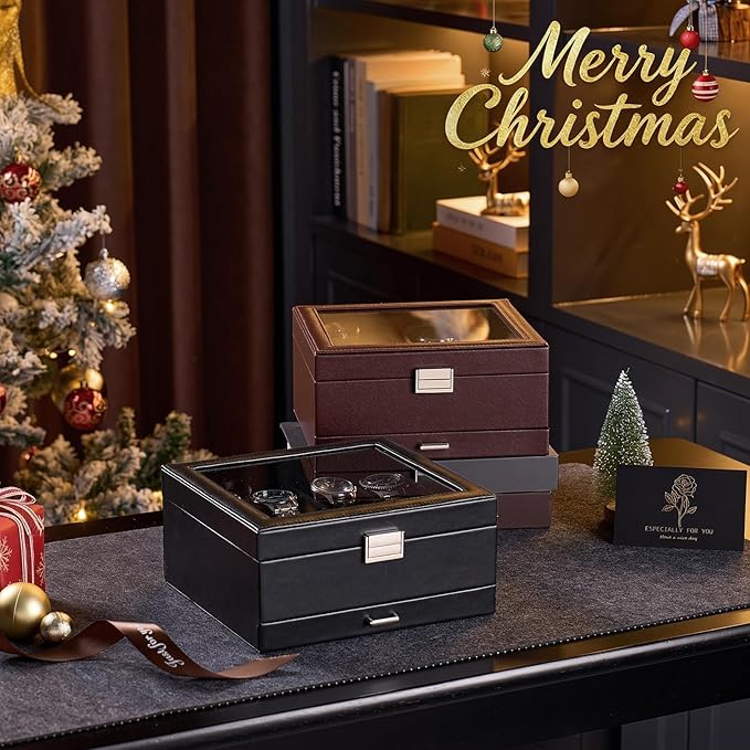 ProCase Watch Case, 8 Slot Mens Watch Box Holder Organizer with Glass Lid, 2-Layer Watches Display Case, Mens Jewelry Box with Drawer, Birthday Valentine Gifts for Men Women -8 Slot, Espresso