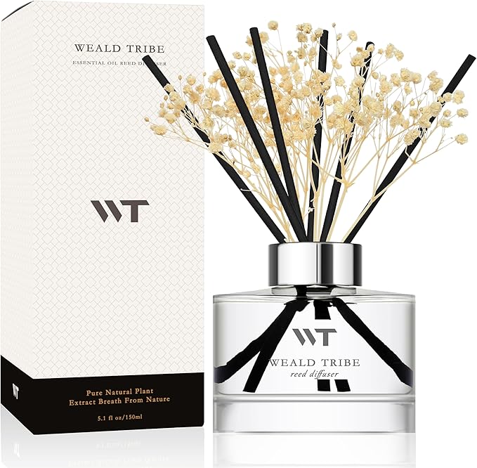 WEALD TRIBE Flower Reed Diffuser Set White Jasmine Scent for Bathroom Accessories Shelf Decor & Air Fresheners, Fresh Air Sticks Defusers with 5.1 fl oz Essential Oils, House Office Decor & Gifts