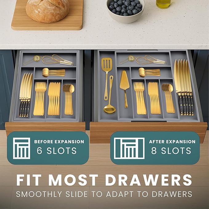 Sben Expandable Drawer Organizer for Utensils Holder, Adjustable Cutlery Tray, 6-8 Slots, Premium Wood Drawer Dividers Organizer for Silverware, Flatware, Knives for Kitchen (Gray)