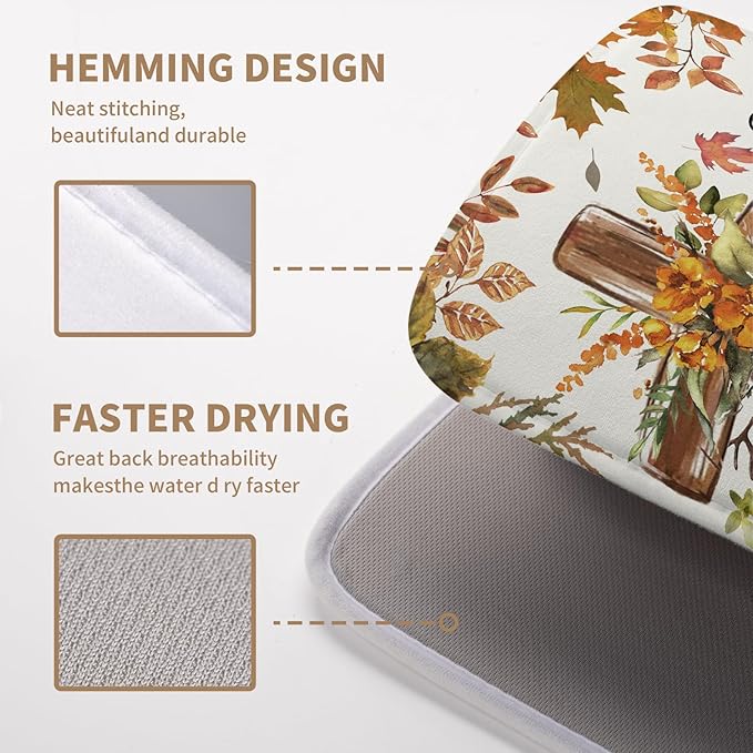 Wnoesat Fall Drying Mat for Kitchen Counter Autumn Thanksgiving Pumpkin Cross Dish Mat Sunflower Maple Leaf Absorbent Microfiber Dish Draining Mat Reusable Dishes Pad Medium 16"x18"