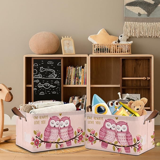 Pink Owl Storage Baskets,Flowers Foldable Organizer Bin with Handles for Home Living Room Bedroom Closet Box 17x11.5x10Inch
