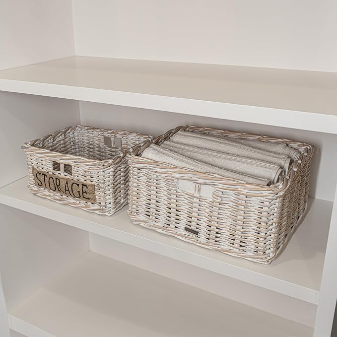 happimess BSK1005A-2SET Reed Southwestern Hand-Woven Rattan Nesting Wicker Storage Baskets with Handles, Seagrass Container for Decoration in Bedroom, Closet, White Wash/Kubu Gray (Set of 2)