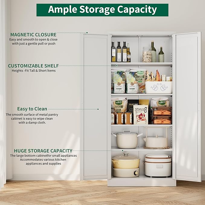 CJF White Kitchen Pantry Cabinet,71 Inch Tall Metal Storage Cabinet with 4 Adjustable Shelves and Doors, Freestanding Pantry Cabinet for Kitchen, Living Room, Dining Room, Bathroom, Easy to Assemble