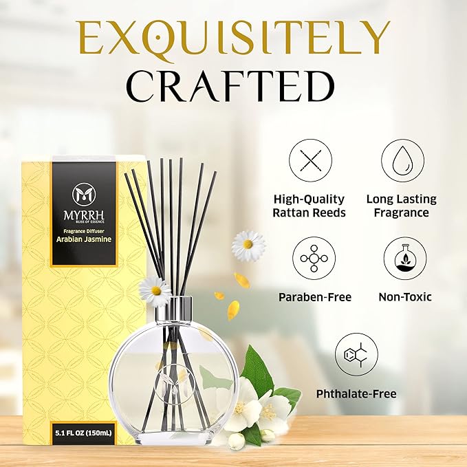 Arabian Jasmine Scented Reed Diffuser Set with 8 Rattan Diffuser Sticks, 150 ml, All Natural Air Freshener, Long-Lasting Diffusers at Home - MyrrhUSA