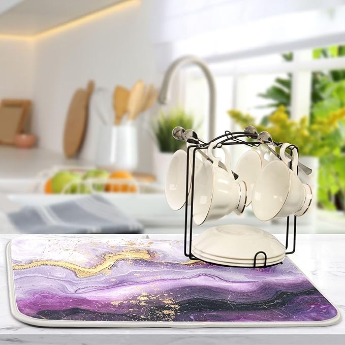 Marble Purple Gold Dish Drying Mat for Kitchen Countertop 18x24 Tie Dye Rectangle Large Drying Mat Reusable Quick Dry Dish Sink Absorbent Mats Dishwasher Easy Clean Decorative Home Decor Essentials