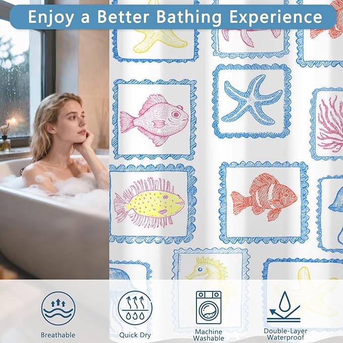 Double Layer Shower Curtains, No-Hook Cute Shower Curtain with Snap-in Weighted Shower Curtain Liner, Water Repellent & Quick-Dry Bath Tub Curtain, Cartoon Ocean Creature Stamp Pattern, 71"W x74"L
