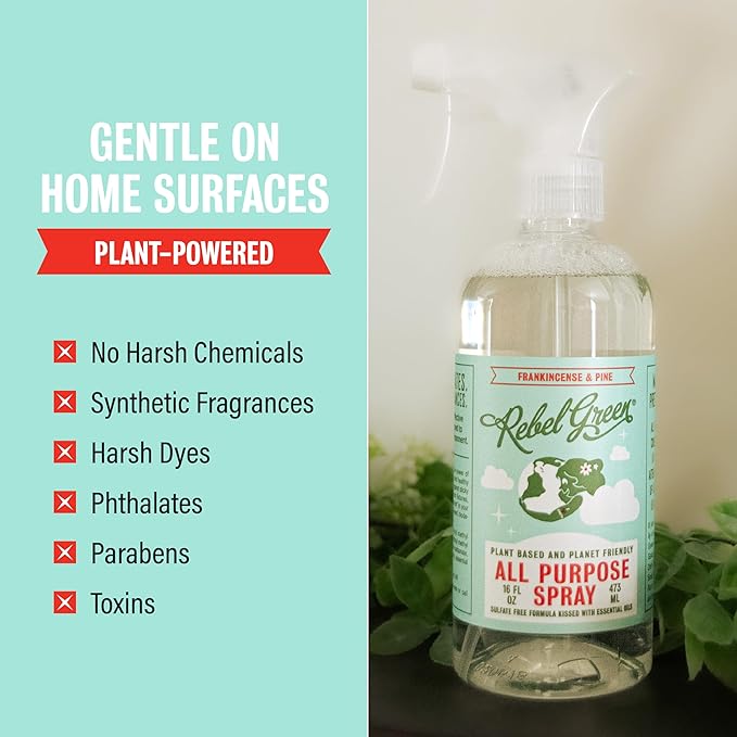 Rebel Green Natural All-Purpose Cleaning Spray - Plant-Derived Multi-Surface Cleaner with Essential Oils for Kitchen, Bath, Countertops and More - Frankincense - 16 oz - 2 Pack