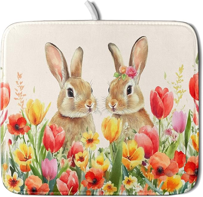 Easter Bunny Dish Drying Mat 16x18 inch Spring Floral Drying Pad Holiday Absorbent Microfiber Dishes Drainer Protector for Kitchen Counter