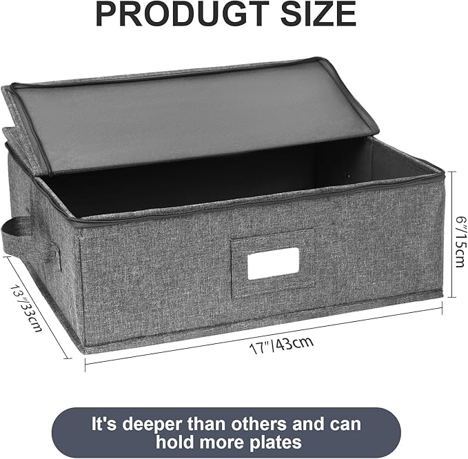 popoly Platter Storage Case, China Storage Containers Hard Shell 17" x 13" x 6", 5 Felt Dividers Included, Structured Top and Stackable (Linen Grey)