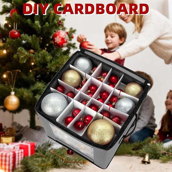 inin Christmas Ornament Storage Box with Adjustable Dividers,Christmas Ornaments Organizer with Zippered Top,Storage Container Bin for Holiday Decorations(64 Ball, Gray, Without Tray)