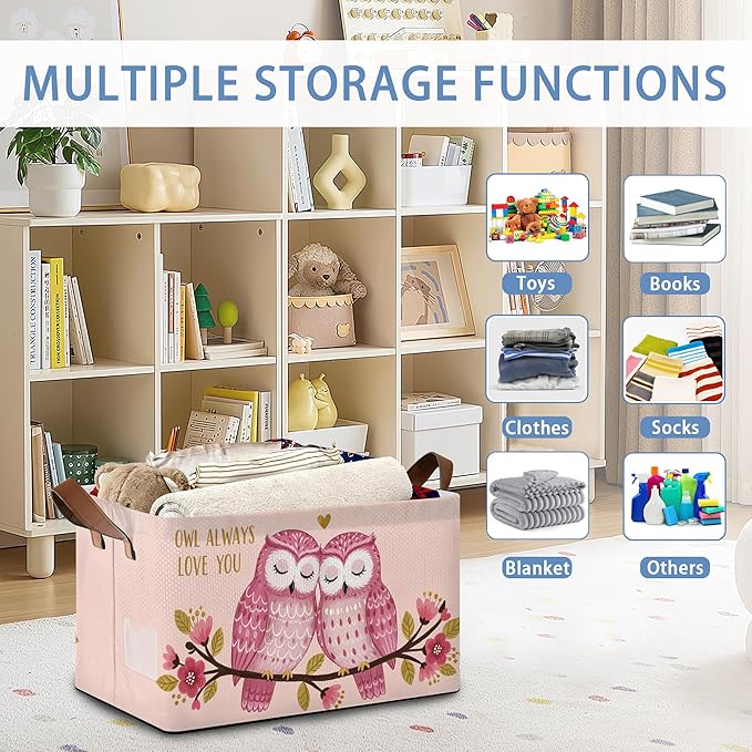 Pink Owl Storage Baskets,Flowers Foldable Organizer Bin with Handles for Home Living Room Bedroom Closet Box 17x11.5x10Inch