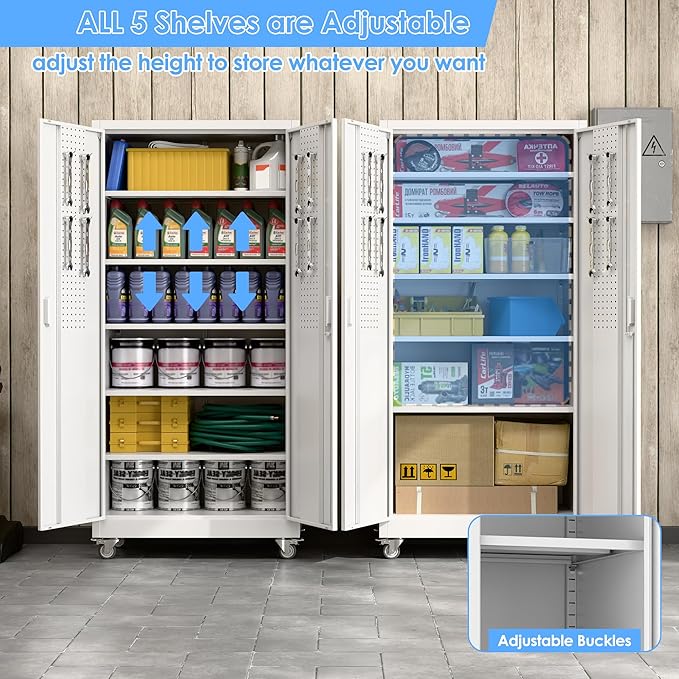 Aobabo Upgrade 71H''*32''W*16''D Metal Garage Storage Cabinet with Wheels and Pegboards, 5 Adjustable Shelves Steel Storage Cabinets for Home,Warehouse,Garage,Assembly Required,White