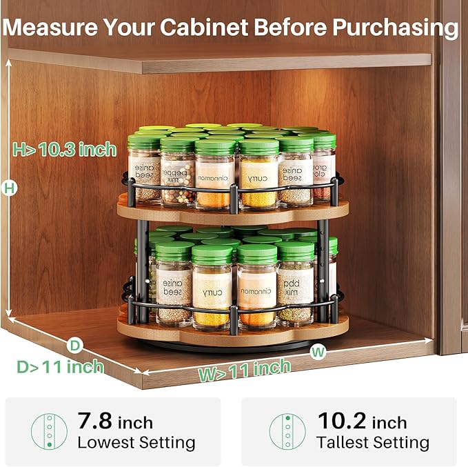 Spice Rack Lazy Susan Organizer for Cabinet, Rotating Spice Organization 2 Tier Adjustable Lazy Susan Turntable Spice Cabinet Organizer for Kitchen Countertop & Pantry, Wood 10 Inch Seasoning Storage