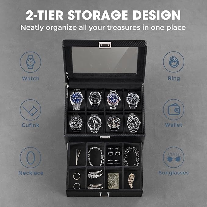 ProCase Watch Box for Men, Jewelry Organizer Box with Drawer, Display Storage Case with Glass Lid -AllBlack, 16 Slot
